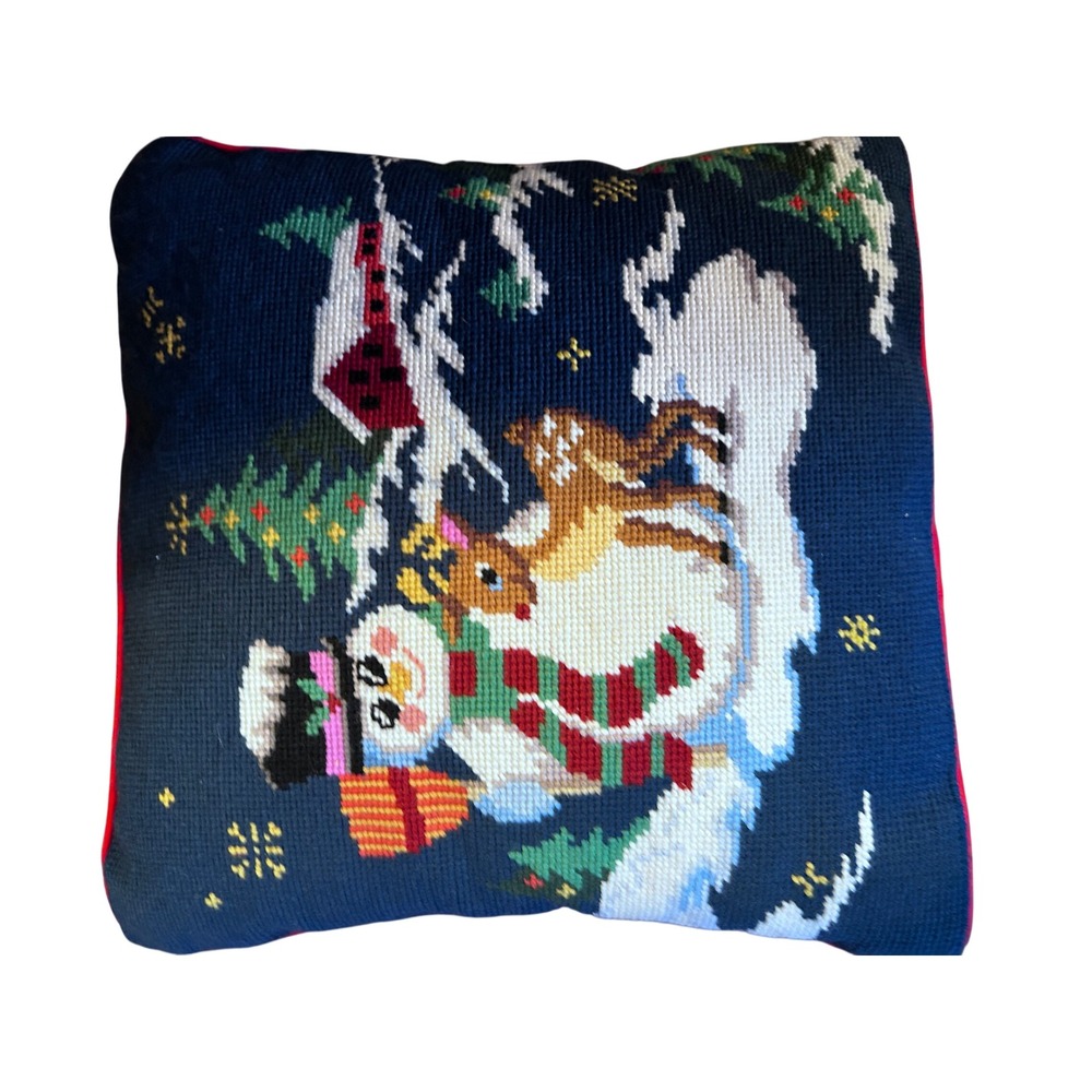 Unbranded Needlepoint Pillow 16x16 Navy Blue Snowman Reindeer Winter Decor